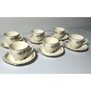 Homer Laughlin Queen Esther Tea Cups & Saucers Set 6 Floral Vintage USA China